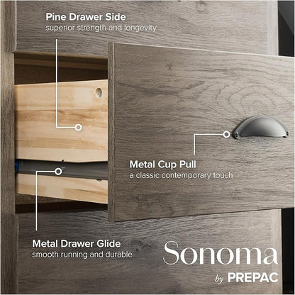 Prepac Salt Spring Rustic 6-Drawer Tall Dresser for Bedroom, Farmhouse Dresser Chest of Drawers 19" D x 23.25" W x 52.75" H, Drifted Gray, DDC-2354