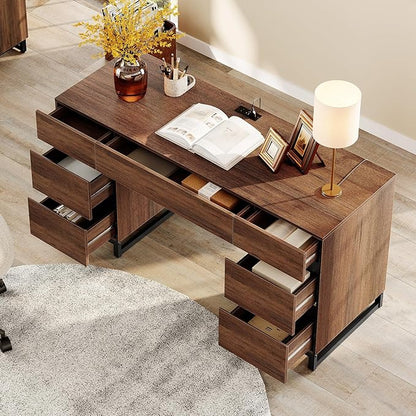 WAMPAT 59" Modern Executive Desk with Drawers, Wood Computer Writing Desk with Charging Station, Home Office Desk with File Drawer, Study Table for Bedroom, Living Room, Home Office, Rustic Brown