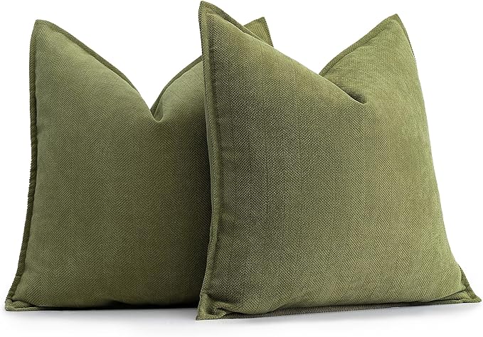 ZWJD Olive Green Pillow Covers 24x24 Set of 2 Chenille Throw Pillow Covers with Elegant Design Soft and Luxurious Decorative Throw Pillows for Couch, Bed, and Home Decor
