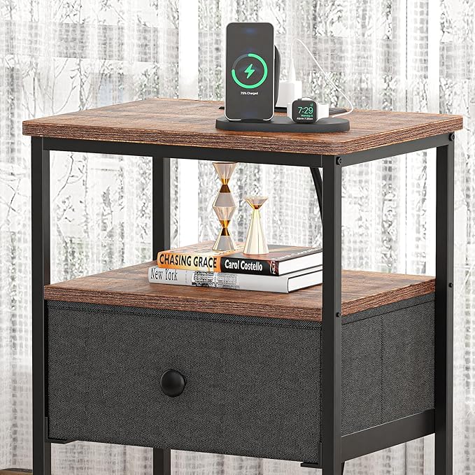 VECELO Night Stand Set 2, Nightstand with Charging Station, End Tables with Open Storage Shelf, Bed Side Tables with Fabric Drawers for Bedroom,Living Room,Rustic Brown
