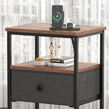 VECELO Night Stand Set 2, Nightstand with Charging Station, End Tables with Open Storage Shelf, Bed Side Tables with Fabric Drawers for Bedroom,Living Room,Rustic Brown