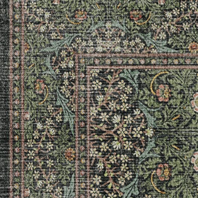 RUGGABLE x Morris & Co Washable Area Rug – Blackthorn Forest Green 9x12, Stain-Resistant, Non-Slip – Large Machine Washable Rugs for Living Room, Bedroom, Hallway, Entryway & Office–with Standard Pad