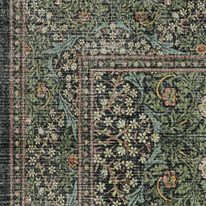 RUGGABLE x Morris & Co Machine Washable Runner Rug – Blackthorn Forest Green 2.5x7, Stain-Resistant, Non-Slip – Washable Rug for Hallway, Entryway, Living Room & Kitchen–with Cushioned Pad