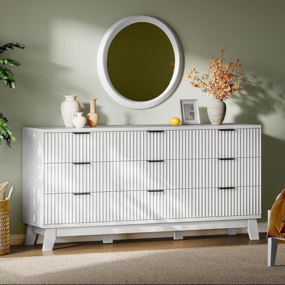 Fluted Dresser with 9 Drawers, 63" Wide Modern Chest of Drawers with Metal Handle, Wooden Dresser TV Stand, Wood Closet Clothes Storage Organizer for Bedroom, Living Room, Hallway, Solid White