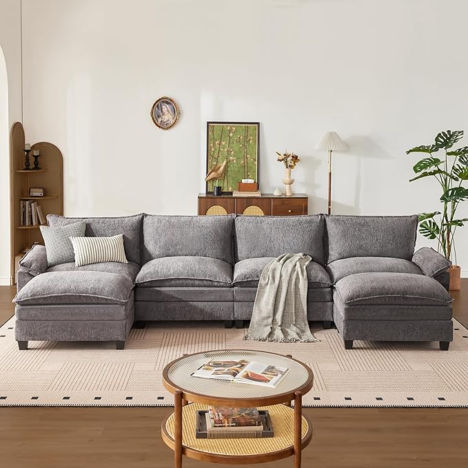 147 Inch Big Comfy Couch with Ottoman, 6 Seat U Shaped Couches, Cloud Modular Sectional Sofa, Modern Cloud Couch Sectionals, Sectional Couches for Living Room, Oversize Deep Seat Sofa, Grey