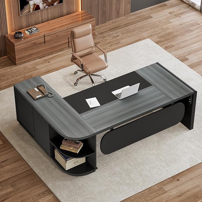 Tribesigns 81-Inch L-Shaped Executive Desk, Large Modern Office Desk with Drawers and File Cabinet for Home or Business Workspace, Grey & Black Computer Desk with Storage Shelves