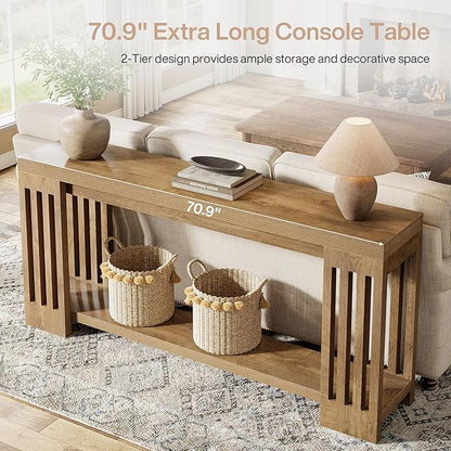 Tribesigns Farmhouse Console Table, 70.9-Inch Sofa Table Behind Couch with Vertical Stripe Legs, 2-Tier Entryway Accent Furniture for Living Room, Hallway, Entrance, Foyer, Light Brown
