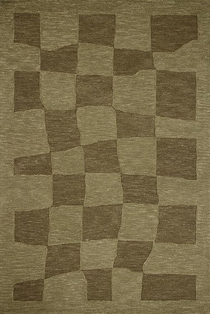 Loloi Leanne Ford Craven Collection CVN-03 Green/Olive 3'-6" x 5'-6" Accent Rug Checkered, Patterned, Neutral, Entryway, Mudroom, Bathroom, and Kitchen