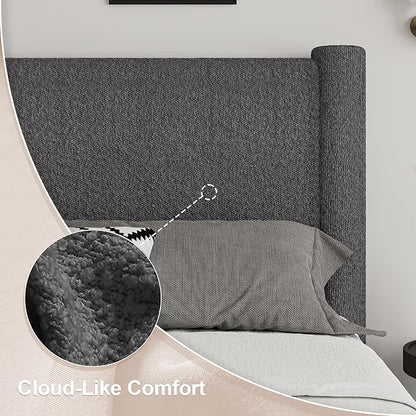 Queen Size Bed Frame, Boucle Upholstered Platform Bed Frame with Headboard and Footboard, Soft Bed Frame with Rounded Corners, No Box Spring Required, Easy Assembly, Dark Grey