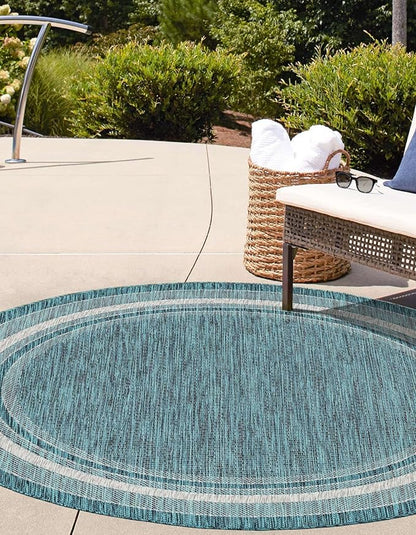 Unique Loom Outdoor Border Collection Area Rug - Soft Border (7' 10" Round, Teal/ Ivory)