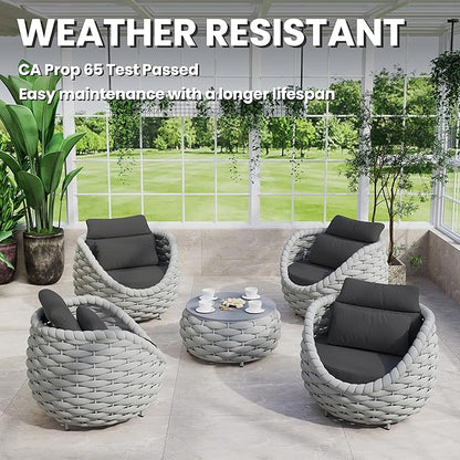 Woven Rope Deck Furniture Set: 5 Pieces Aluminum Patio Conversation Set All Weather - Cushioned Outdoor Sofa Set Assembled - Metal Modern Couch Set for 400 lbs Porch Deck Garden Poolside Hotel