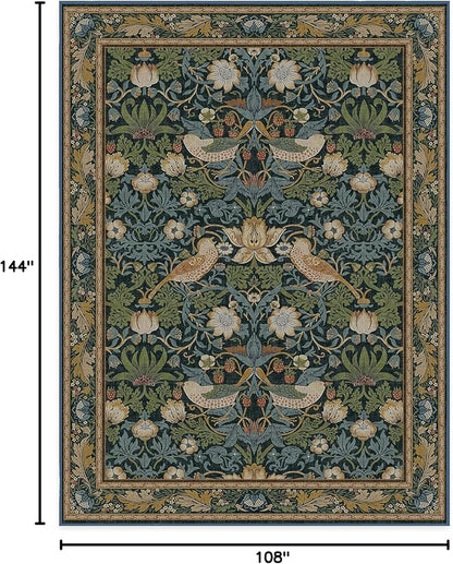RUGGABLE x Morris & Co Washable Area Rug– Strawberry Thief Indigo 9x12, Stain-Resistant, Non-Slip – Large Machine Washable Rugs for Living Room, Bedroom, Hallway, Entryway & Office–with Cushioned Pad