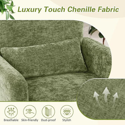 LSSPAID Modern Accent Chairs, Chenille Fabric Armchairs for Living Room, Comfy Upholstered Leisure Single Sofa Chair with Lumbar Pillow for Bedroom, Balcony, Office (Green, Set of 1)