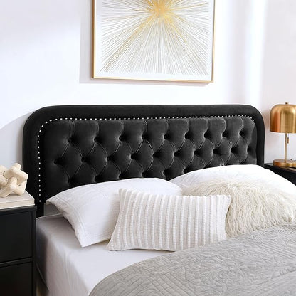 Tufted Upholstered Headboard,Button Solid Wood HeadBoards with Adjustable Height,Modern Performance Velvet Bed Head Boards,Easy Install&Nailhead (Black, Queen)