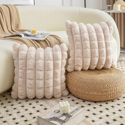 Neelvin Beige Faux Fur Cozy Soft Plaid Decorative Throw Pillow Covers 18x18 inch Set of 2,Velvet Pillowcase Cushion Case for Sofa Couch