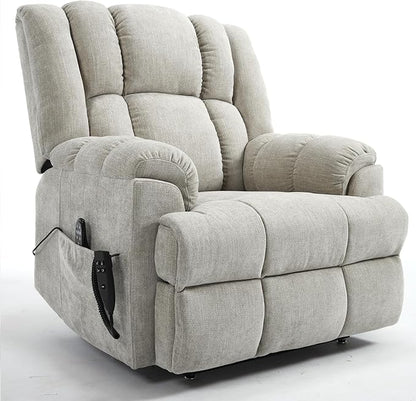 Power Lift Recliner Chair for Elderly, Oversized Chenille Electric Recliners Chairs for Living Room, Dual Motor 180° Lay Flat Recliner Big Sofa with Massage and Heating, Heavy-Duty, Beige