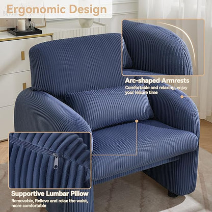 Corduroy Fabric Accent Chairs Set of 2, Modern Upholstered Living Room Chairs with Lumbar Pillow, Wide Comfy Leisure Armchair for Bedroom, Office, Reading, Blue