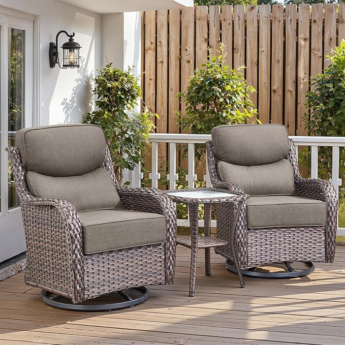 Belord Luxury 6" Thick Cushioned Outdoor Swivel Rocker Patio Chairs with Side Table, 3 Pieces High Back Wicker Furniture Set with Ergonomic Back, Conversation Gliders Set for Deck Porch - Brown+Grey
