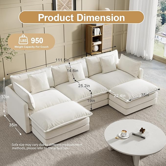 Modular Sectional Sofa, U-Shaped Cloud Sofa with Deep Seat, 111.5 Inch Chenille Sofa with Cushions, 3-Self Sectional Sofa for Living Room Apartment, White