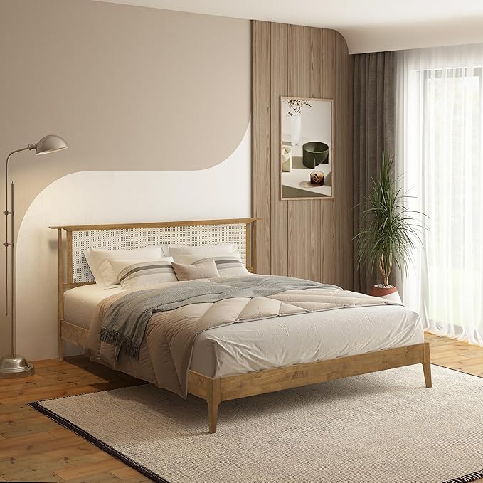 NTC Ruby Wooden Bed Frame with Headboard and Natural Rattan, Solid Oak Foundation with Silent Slats, 1000 Lb Capacity, Effortless Assembly, King - Teak Look