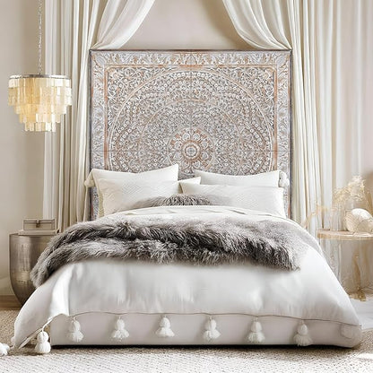Super King Wood Headboard Rustic | Carved Full Head Board Only | Wooden Behind Bed Decor Full Size Bed | Wall Mount Wood Art | Headboard Panels (Malawi Antic, Super King)