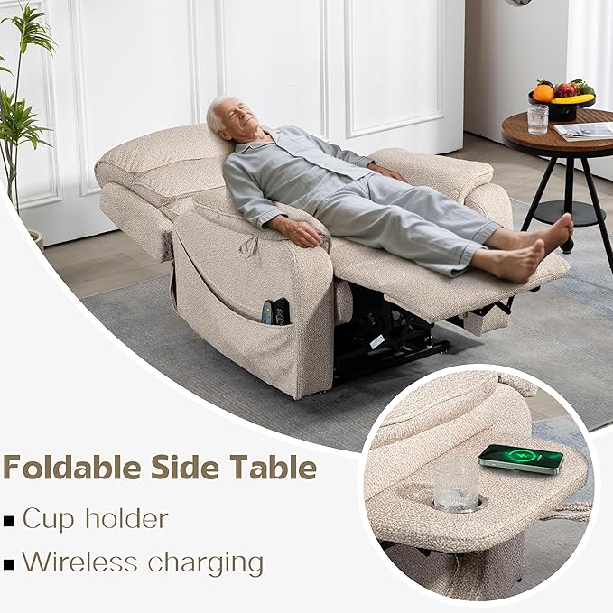 Power Lift Recliners Chairs for Elderly Adults Lay Flat Recliner with Heat & Massage, Wireless Charging Device, USB Ports, Cup Holder, Lumbar Pillow, 400Lbs（Grainy Fibric,Oatmeal）