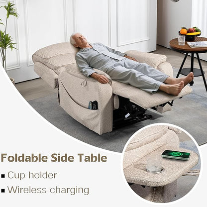 Power Lift Recliners Chairs for Elderly Adults Lay Flat Recliner with Heat & Massage, Wireless Charging Device, USB Ports, Cup Holder, Lumbar Pillow, 400Lbs（Grainy Fibric,Oatmeal）