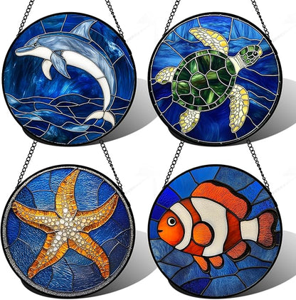 Stained Glass Window Hanging 4 Pcs Set Blue Ocean Turtle Dolphin 9.8" - Marine Life Suncatcher Garden Sun Catcher Decor Birthday Mother's Day for Mom Woman Nana Men