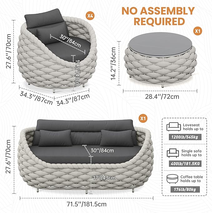 6 Pieces Rope Patio Furniture Set: Aluminum Outdoor Couch Set Cushioned - Assembled Conversation Sofa Set Modern - Metal Porch Seating for 7 Person - All Weather for Deck Garden Poolside Hotel