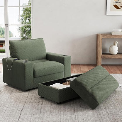 Christopher Knight Home Zoe Oversized Chaise Lounge Chair Indoor with Cup Holders & USB Charging Port, Corduroy Upholstered Sofa Bed + Ottoman with Storage, Comfy Deep Seat Sleeper Sofa Chair, Green