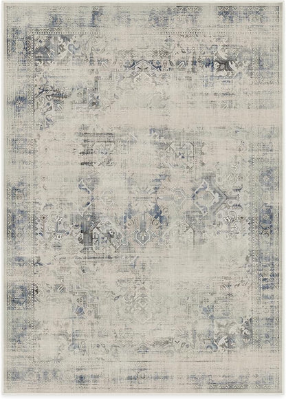 RUGGABLE Washable Vintage Area Rug – Kamran Blue Quartz 10x14, Stain-Resistant, Non-Slip – Large Machine Washable Rugs for Living Room, Bedroom, Hallway, Entryway & Office–with Standard Pad