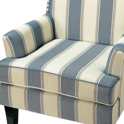 HULALA HOME Modern Accent Chairs Set of 2, Farmhouse High Back Striped Chairs with Wooden Legs & Nail Head Trim, Comfy Upholstered Armchairs for Living Room/Bedroom (Stripe Blue)