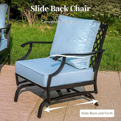 4 Piece Metal Outdoor Patio Furniture Set, Patio Conversation Set 1 3-seater Sofa, 2 Rocking Chair with 5.75" Extra Thick Cushion and Coffee Table, Black Frame Backyard Furniture, Blue