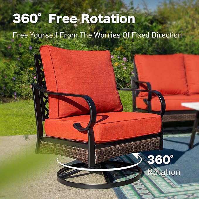 6 Piece Metal Outdoor Patio Furniture Set, Patio Conversation Set with Swivel Chair and 5.75" Thick Cushion & Coffee Tabl, Outdoor Seating Black Frame Backyard Furniture, Rust Red