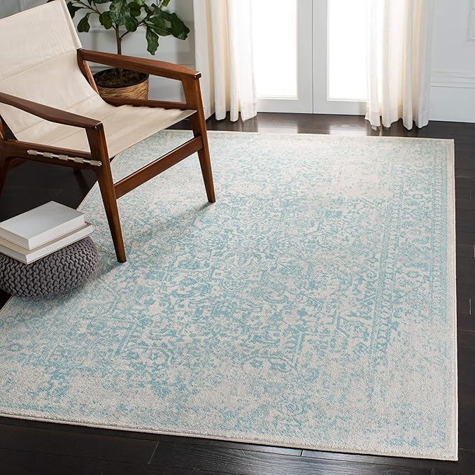 SAFAVIEH Evoke Collection Area Rug - 6'7" Square, Ivory & Aqua, Distressed Design, Non-Shedding & Easy to Clean, Ideal for Living Room, Bedroom, Dining Space (EVK256J)