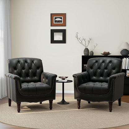UIXE Faux Leather Accent Chairs Set of 2, Comfy Club Chair Upholstered Armchair for Living Room, Button Tufted Arm Chair Retro Single Sofa Side Reding Seat for Bedroom - Black