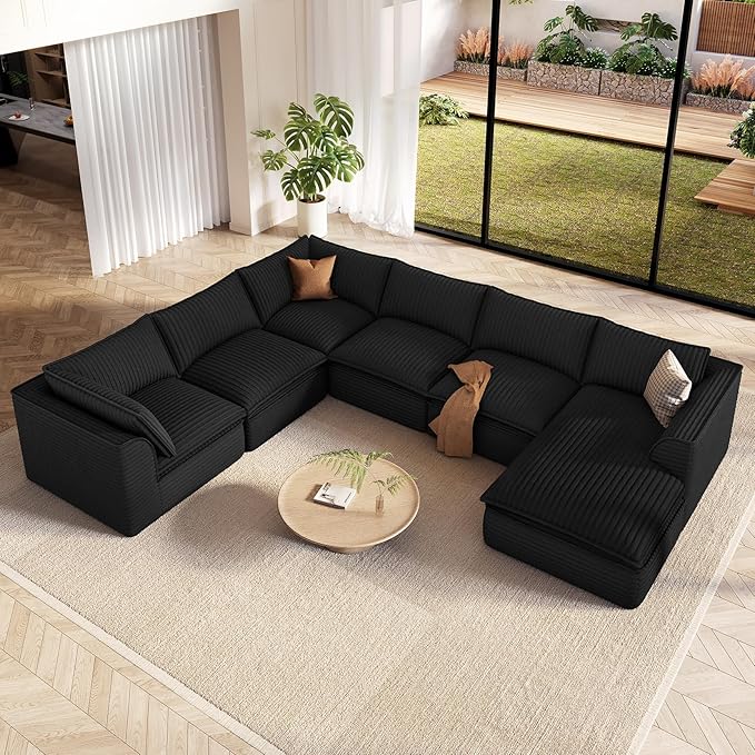 Vesgantti 141.7" Oversized Sectional Boneless Couch, Modern 7 Seater Modular Sofa with Chaise, Deep Seat Convertible Plush Corduroy Cloud Couches for Living Room, No Assembly Required, Black