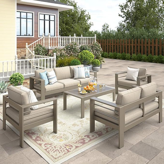 Wisteria Lane 5-Piece Outdoor Patio Furniture Set, Outdoor Sectional Furniture with Upgraded Cushions, Outdoor Conversation Seating Set for Balcony, Garden, Deck, Backyard, Khaki