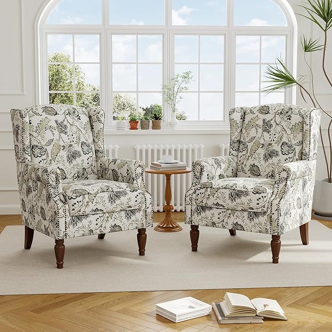 Accent Chair, Upholstered High Back Floral Armchair with Nailhead Trim & Wood Legs, Comfy Wingback Reading Single Sofa Chair for Small Spaces, Living Room, Bedroom ( Plants Beige Floral, Set of 2)