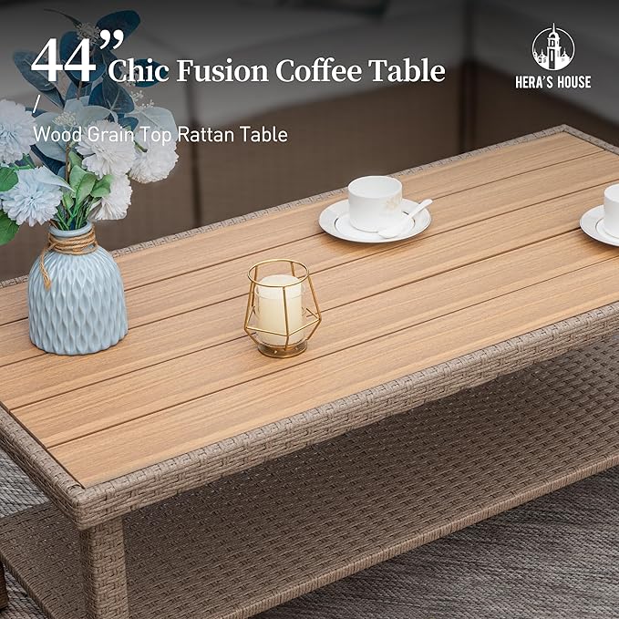 HERA'S HOUSE Patio Furniture Set, All Weather 7 Seats Outdoor Sectional Wicker Sofa with 44" Coffee Table, 5.5" Thick Waterproof Cushion 8 Piece Modular Conversation Sofa Set for Garden Deck Backyard