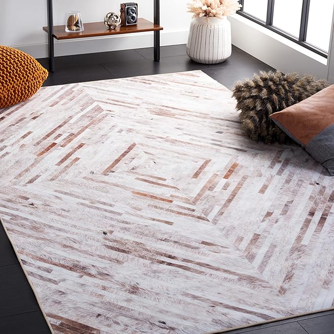 SAFAVIEH Washable Rug Faux Hide Collection - 9' x 12', Beige & Brown, Slip Resistant, Western Rustic Decor, Printed Pattern, Ideal for Living Room, Bedroom, Home Office, Dining Space (FAH526A)