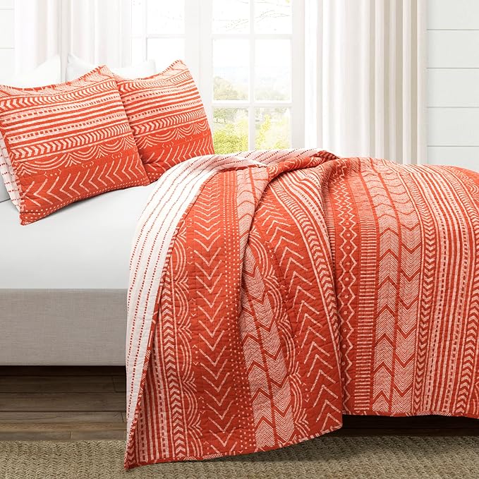 Lush Decor Hygge Geo Pattern Striped 3 Piece Quilt Bedding Set, King, Burnt Orange