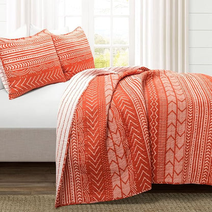 Lush Decor Hygge Geo Pattern Striped 3 Piece Quilt Bedding Set, King, Burnt Orange