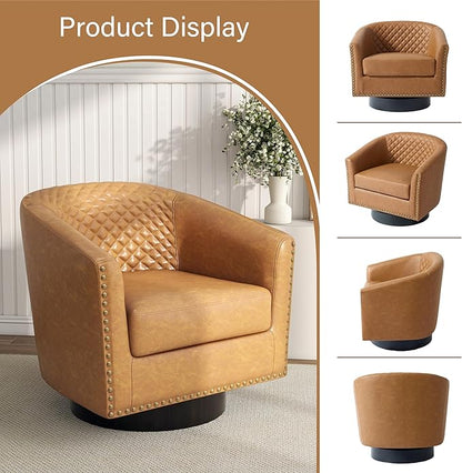 Pia Ricco Faux Leather Swivel Barrel Accent Chairs, 360° Swivel Round Single Sofa Chair, Comfy Upholstered Club Armchair with Nailhead Trim for Living Room/Reading Room/Bedroom, Coffee