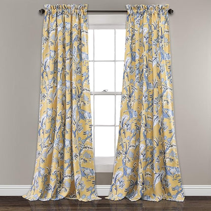 Lush Decor Dolores Light Filtering Window Panels, Pair, 52" W x 95" L, Yellow - Floral Curtains for Bedroom - Vintage Curtains - Coquette Room Decor