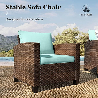 HERA'S HOUSE Wicker Patio Furniture Set, 5 Pieces Outdoor Furniture Set, Deep Seating Patio Conversation Sofa Sets for Lawn Deck Backyard, Blue