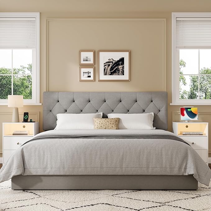 Queen Upholstered Headboard Only for Bed Frame from 49”-62”, Adjustable Height Queen XL Headboards with Durable Wood Legs, Fabric Bed Board in Modern Button Design, Light Grey
