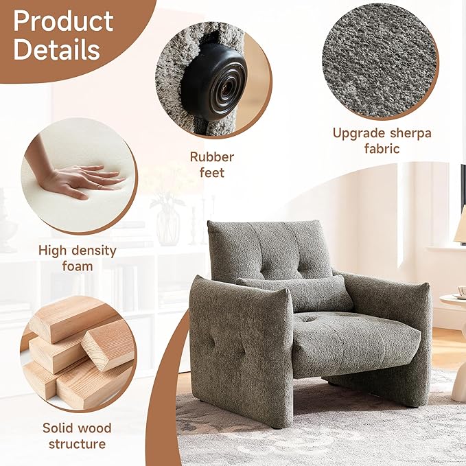 33.9" Accent Chairs, Modern Upgrade Sherpa Fabric Arm Chair Comfy Upholstered Armchair Leisure Single Sofa Chair with a Waist Pillow for Bedroom, Office and Living Room