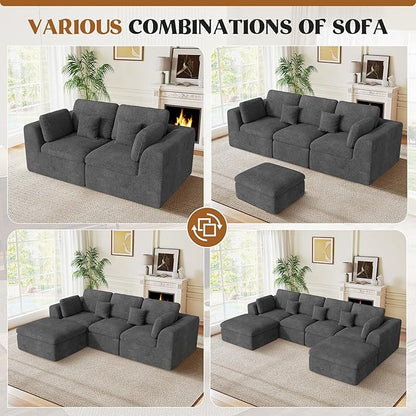 115" Cloud Boneless Sectional Couch, Deep Seat L Shaped Modular Couch with Ottoman, Oversized Upholstered Convertible 4 Seater Modular Sofa for Living Room,DarkGary Chenille