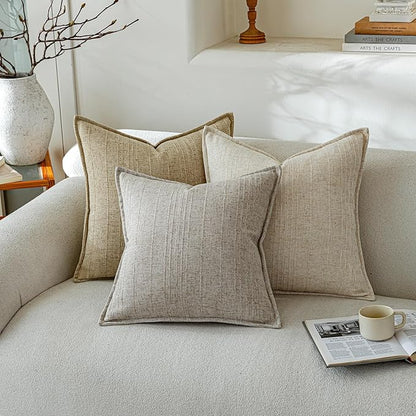 a moment Linen Pillow Covers Set of 2,Boho Farmhouse Throw Pillowcases Neutral Textured Decorative Covers for Couch Sofa Bed, Soft Linen Blend Accent Case Cushion Living Room Home Decor 20"x20"Khaki